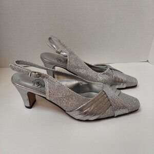 FLORAL Abagail DP761A Women's Dress Slingback Metallic Silver Shoes Kitten Heels